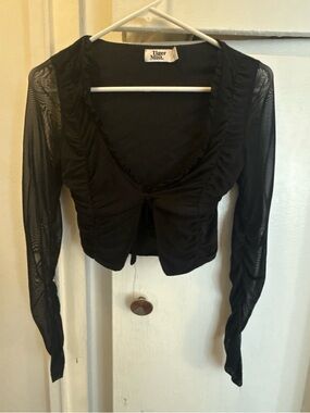 Tiger Mist Black Sheer-Sleeve Tie-Front Crop Top